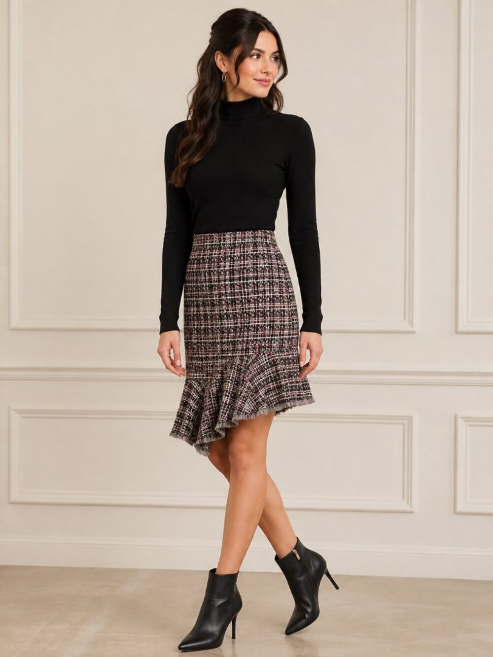 Halogen Multicolor Tweed Pencil Skirt with Flounce